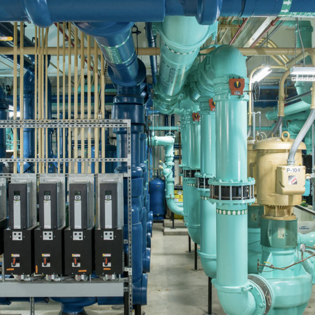 HVAC system with teal and blue pipes