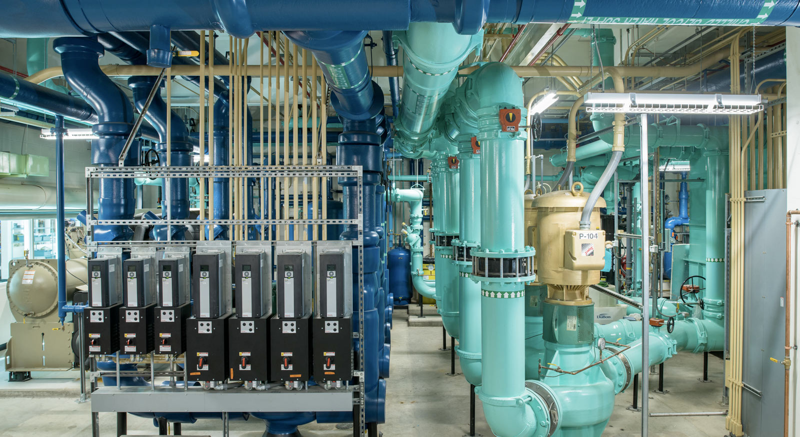 HVAC system with teal and blue pipes